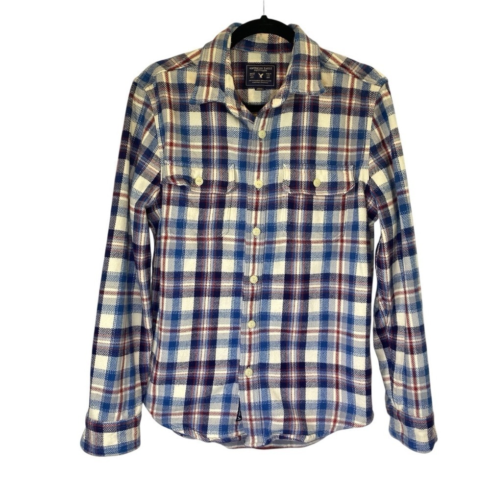 AMERICAN EAGLE  Men’s Size Medium flannel thick Plaid Shirt - blue white red